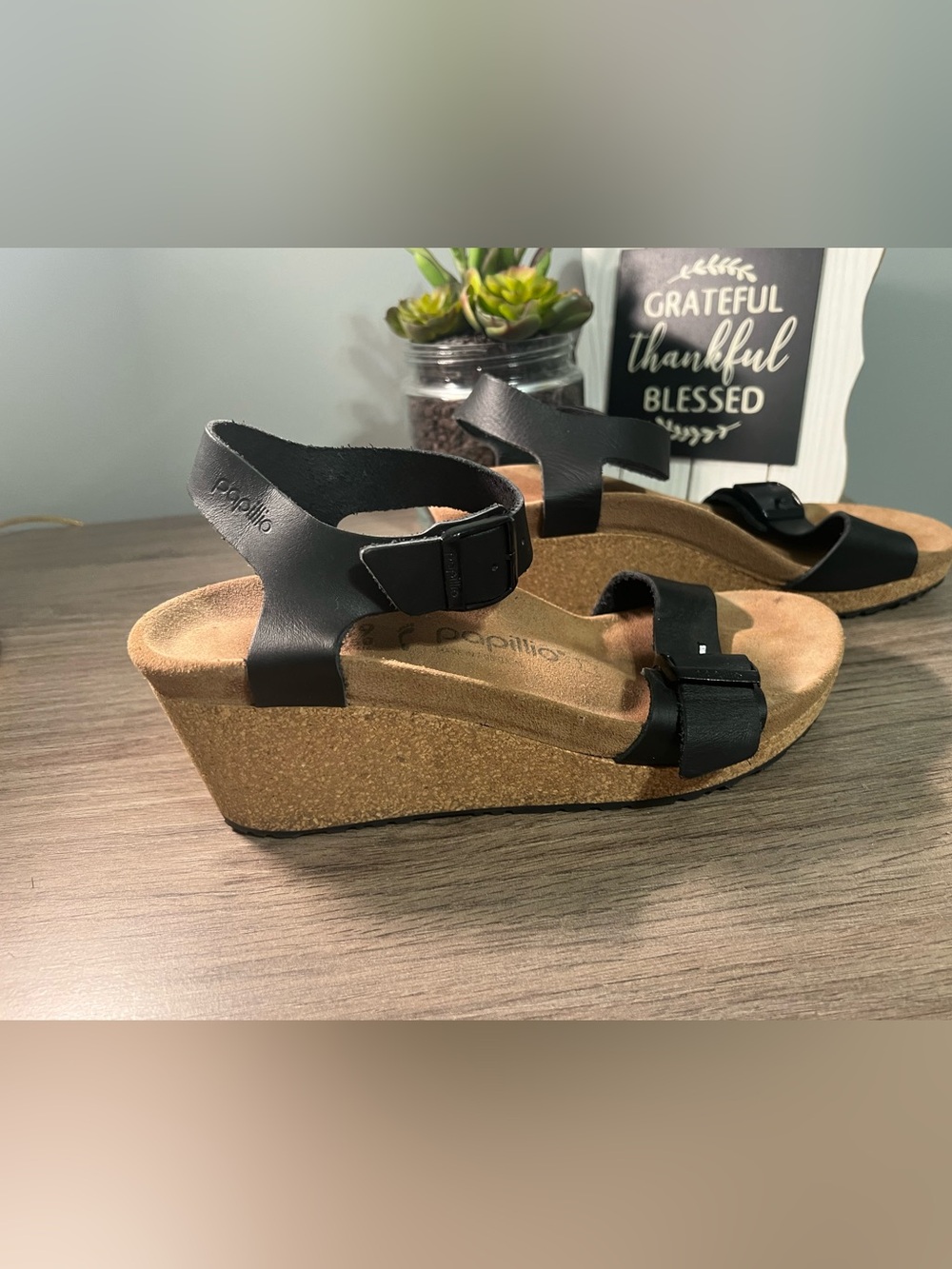BIRKENSTOCK Papillio Black Leather Wedge Sandals with Buckles SIZE 39 - Picture 11 of 11